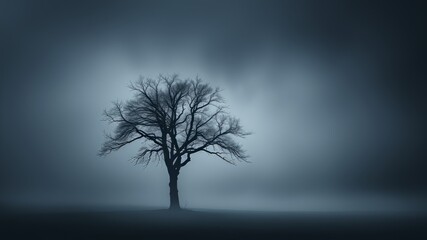 Obraz premium Dark Foggy Landscape Minimalist Tree - AI Photo Realistic