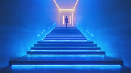 Fototapeta premium Woman walks up neon-lit stairs in a futuristic hallway.