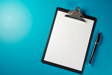 Blank Paper and Pen on Clipboard Against Blue Background
