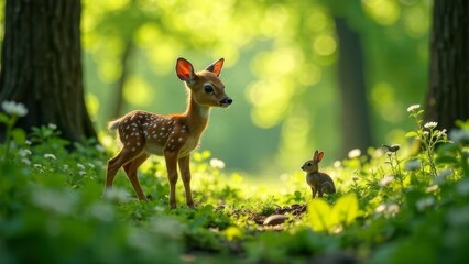 A cute baby deer standing in a lush, green spring forest wildflowers, ferns, sunlight filtering through trees, bird on a branch, rabbit, fresh rebirth of nature, spring wildlife, cartoon, poster, post