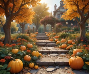 Enchanted garden scene with whimsical pumpkins and autumn foliage, holiday decorations, whimsical setting, autumnal charm, fall foliage