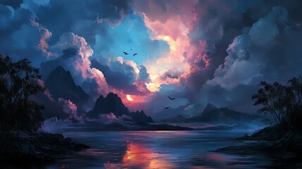 A breathtaking sunset over mountains with vibrant colors.