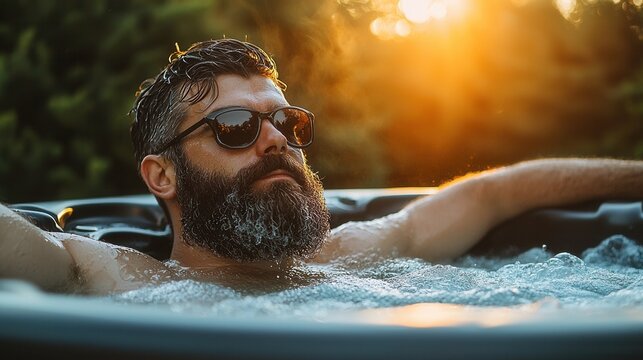 Relaxation at sunset in a hot tub with a bearded man enjoying a tranquil evening surrounded by nature - Powered by Adobe