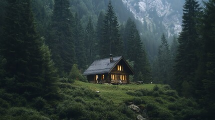 A cozy cabin nestled in a serene forest landscape at dusk.