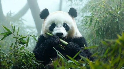 Obraz premium A cute panda enjoying bamboo in a lush, green environment.