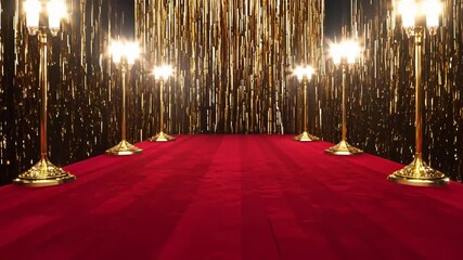 Elegant night scene with glowing barriers guiding the way to a brightly lit stage. Red carpet ambiance.  glowing, premiere, stage, theatre, gala, night, vip, animation, elegance, elegant, entertainmen