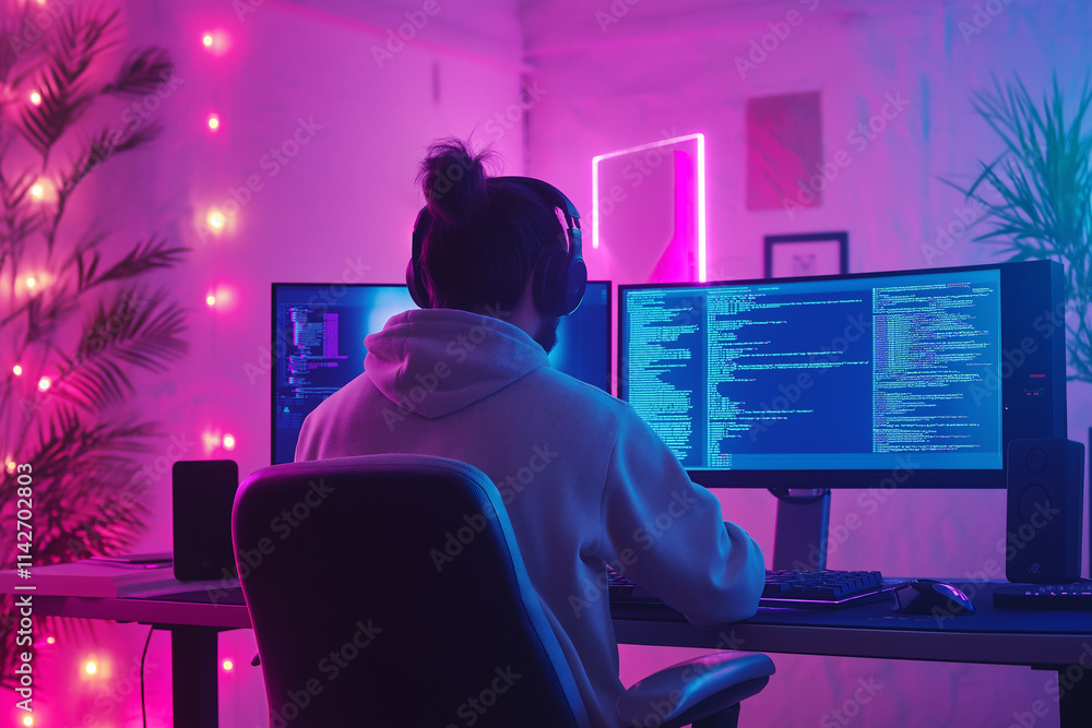 Poster latino blockchain developer creates innovative nfts in a vibrant workspace. generative ai