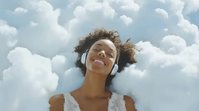 Enjoying music in a cloud-like paradise during a sunny afternoon