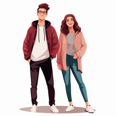 Fototapeta premium Illustration of youthful man and woman in casual clothing standing together