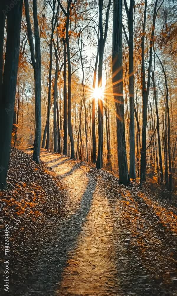 Poster sunlight streaming through trees on a winding path in autumn forest during early evening