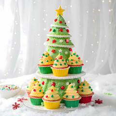 Festive Christmas Tree-Shaped Cake with Cupcakes