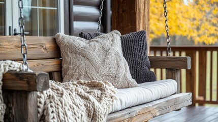 Relaxing swing seat on a cozy porch adorned with warm textures waiting for a peaceful autumn afternoon
