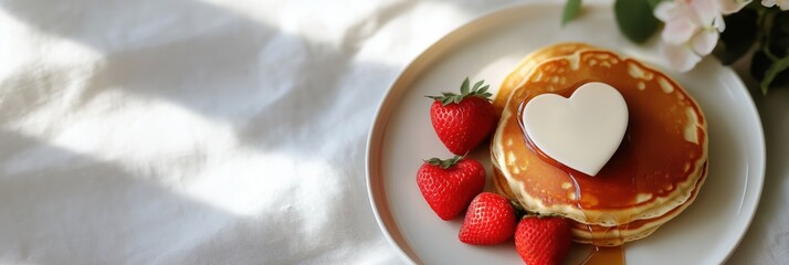 Stack of pancakes drizzled with syrup and topped with buttered heart beside fresh strawberries on plate.