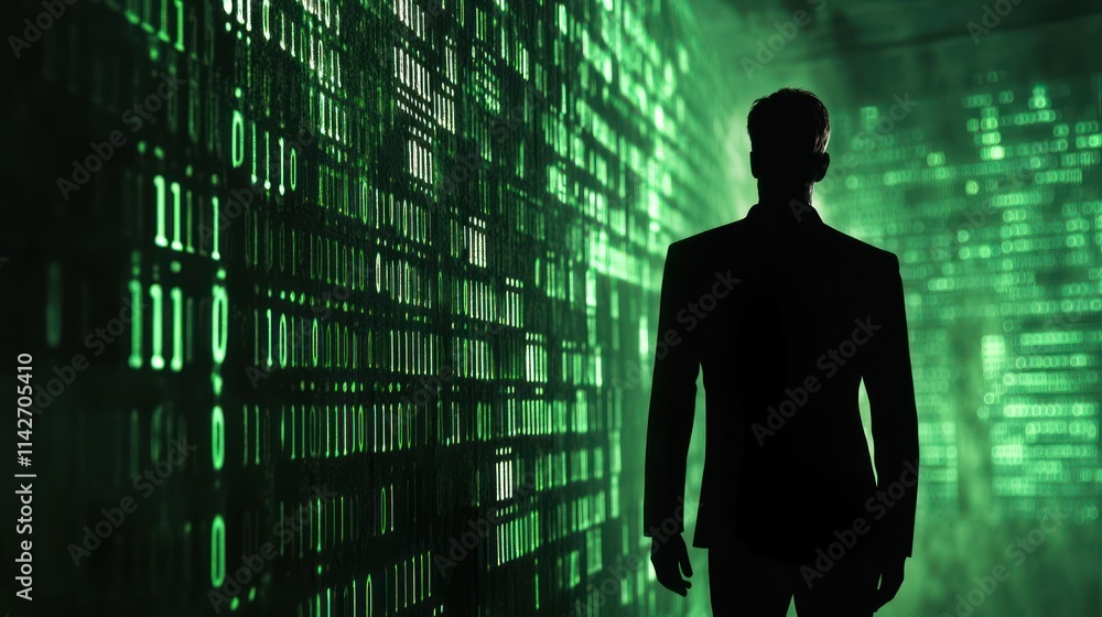 Poster a silhouetted figure stands before a wall of digital binary code, symbolizing technology and data.