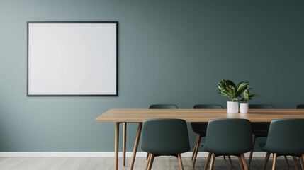 Modern meeting room with long wooden table and blank billboards