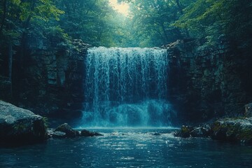 Majestic waterfall cascading over rocky cliffs in a serene forest setting during daylight hours....