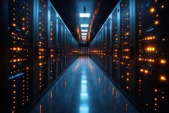 Futuristische Serverr&auml;ume mit leuchtenden Datenstr&ouml;men und modernster Technologie
