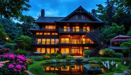beautiful wooden house surrounded by lush greenery and colorful flowers