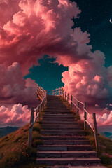 dreamy landscape, surreal stairs, pink clouds, moonlit sky, tranquil ascension, peaceful setting, ethereal atmosphere, fantasy scene, enchanting pathway, celestial elements, soft hues