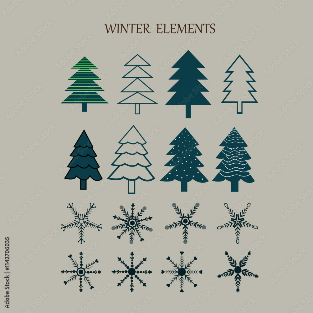 Fototapete print winter plants design elements natural elements flat color vector objects set. new year holiday