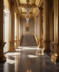 Grand hallway with tall, slender columns and a gleaming golden banister, banisters, columns