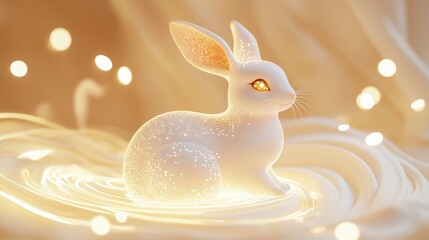 Enchanted White Rabbit:  A delicate and ethereal white rabbit with golden eyes sits in a shimmering pool of light, surrounded by soft, swirling patterns. The image evokes a sense of magic, wonder.