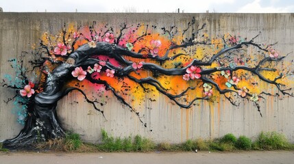 A tree with pink flowers painted on it