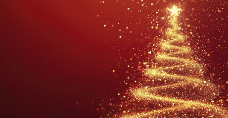 A Christmas tree made of golden, glowing particles on a red background with copy space, representing a New Year's celebration concept, perfect for New Year greeting cards, festive promotions