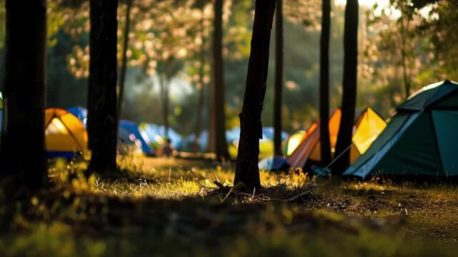 Shadowy outlines of tents standing tall against the blurry backdrop of trees.