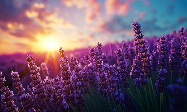 A vibrant lavender field at sunset, showcasing nature's beauty and tranquility.