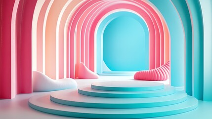 Colorful abstract interior with arches and modern design elements.