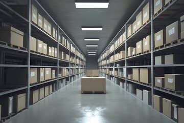Modern Warehouse Interior: Rows of Shelves Filled with Cardboard Boxes