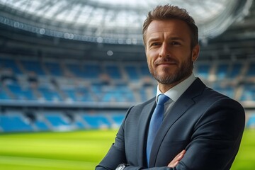 Coach or football club director standing confidently in a stadium, dressed in a formal suit, with a slightly blurred background featuring a green football pitch. Professional trainer pose