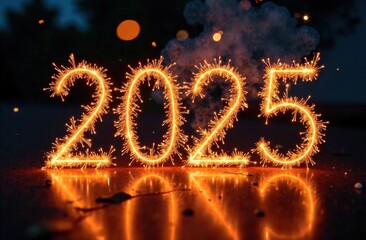 Glowing Sparkling "2025" with Festive Light Effects and Bokeh Background