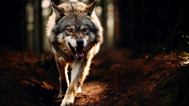 Lone wolf walking alone in a forest path, open mouth showing teeth