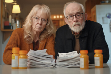 Senior couple scrutinizing medical bills and prescriptions in cozy kitchen. Generative AI