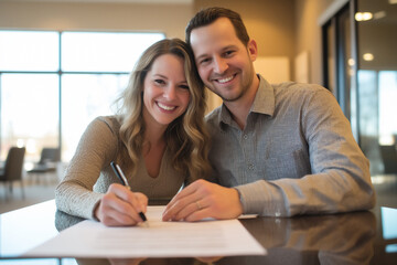 Obraz premium Happy couple finalizing their plans together in a bright, modern setting. Generative AI