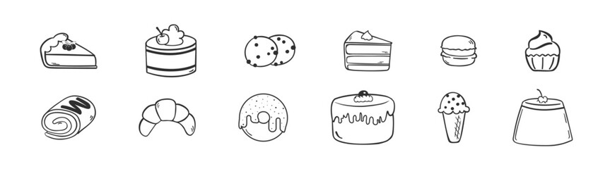 Sweet dessert Icons set. Set of doodle sweets food. Vector