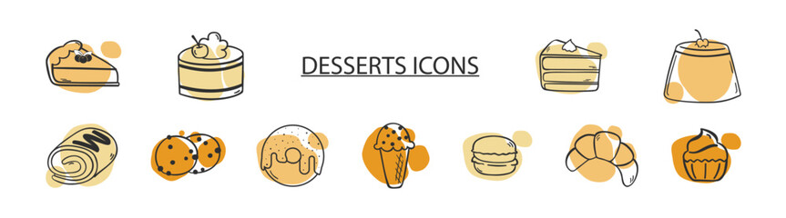 Set of dessert Icons line style. Food dessert. Funny dessert illustration, sweets doodle set, print design. 