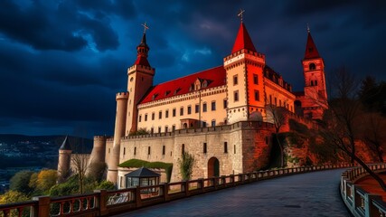 Obraz premium Karlstejn Castle, Czech Republic, Medieval Fortress, Stunning Landscape, AI Photo, High Resolution, Colorful, Dramatic Lighting