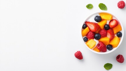 Colorful Bowl Filled with Assorted Fresh Fruits and Juicy Berries Arranged Beautifully on a Clean White Surface Evoking a Sense of Health and Delight