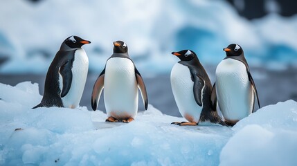 Fototapeta premium Group of penguins standing on ice in a cold environment.