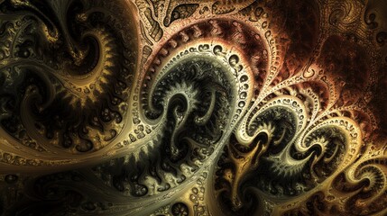 Intricate abstract patterns in dark and warm tones, rich textures.