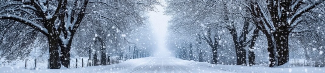 Naklejka premium Snow-Covered Trees Forming an Archway on a Serene Winter Road