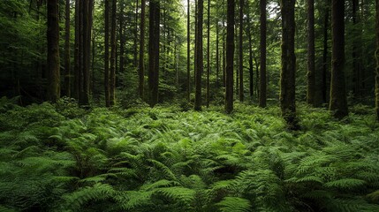 Obraz premium Lush green forest with ferns and tall trees in serene nature.