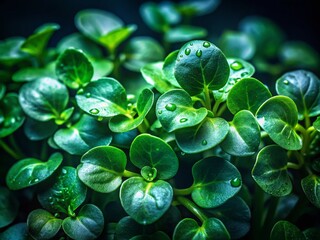 Low Light Watercress Photography:  Dark Green Leafy Vegetable, Macro Shot,  Night Watercress, Illuminated Watercress,  Moody Food Photography