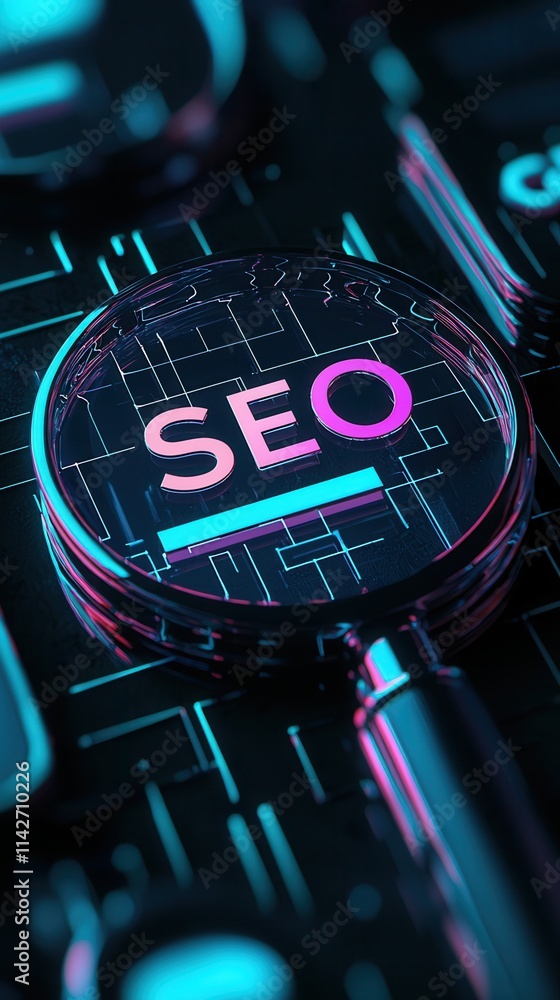 Fototapete exploring seo concepts with a digital magnifying glass on a high-tech background representing online