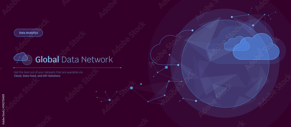 Wall mural abstract big in cloud power bi global data network connection dark blue banner or header, wireframe 
