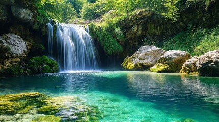 Serene waterfall cascading into a crystal-clear pool surrounded by greenery.