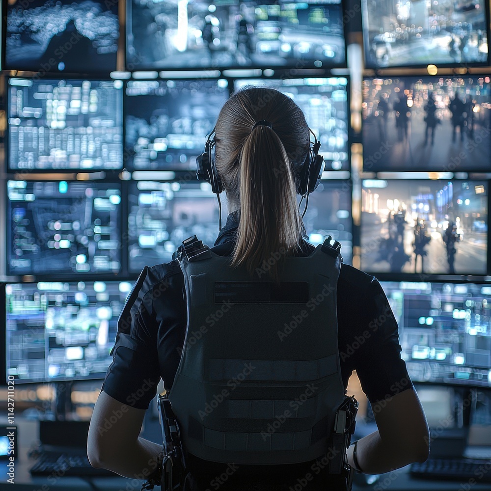 Aufkleber female officer monitoring multiple screens in a high-tech security operations center.
